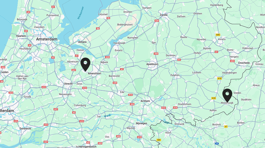 Kaart met locaties vestigingen Winterswijk en Soest van TEAMWBC
